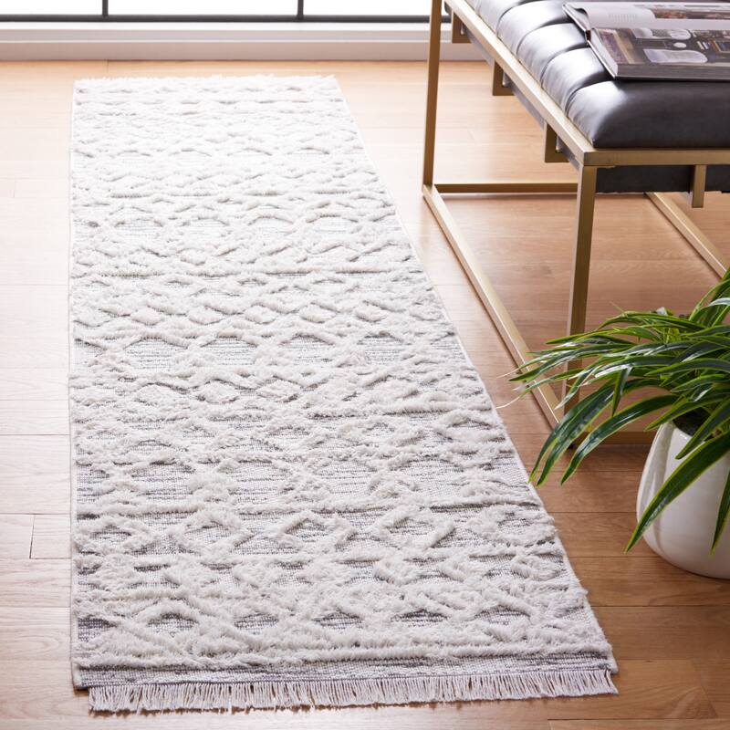 SAFAVIEH Augustine Tahmina Moroccan Boho Fringe Rug - 2' x 9' Runner - Ivory/Grey