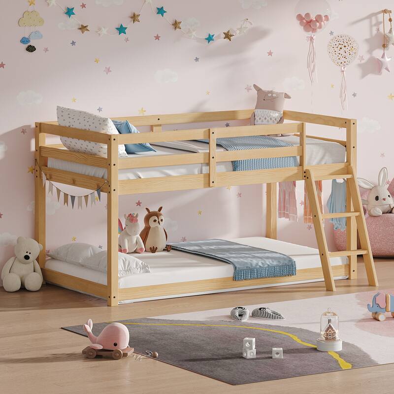 Kids Low Twin Size Loft Bed Convertible to Bunk Bed with LED Strip Lighting, Wooden Twin Over Twin Size Bunk Bed Frame - Oak - Twin