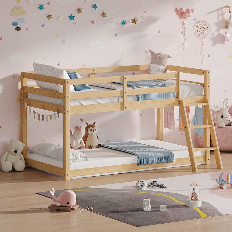Kids Twin Low Loft Bed - Convertible to Bunk Bed, Solid Wood Modern Bed Frame with LED Strip Lighting