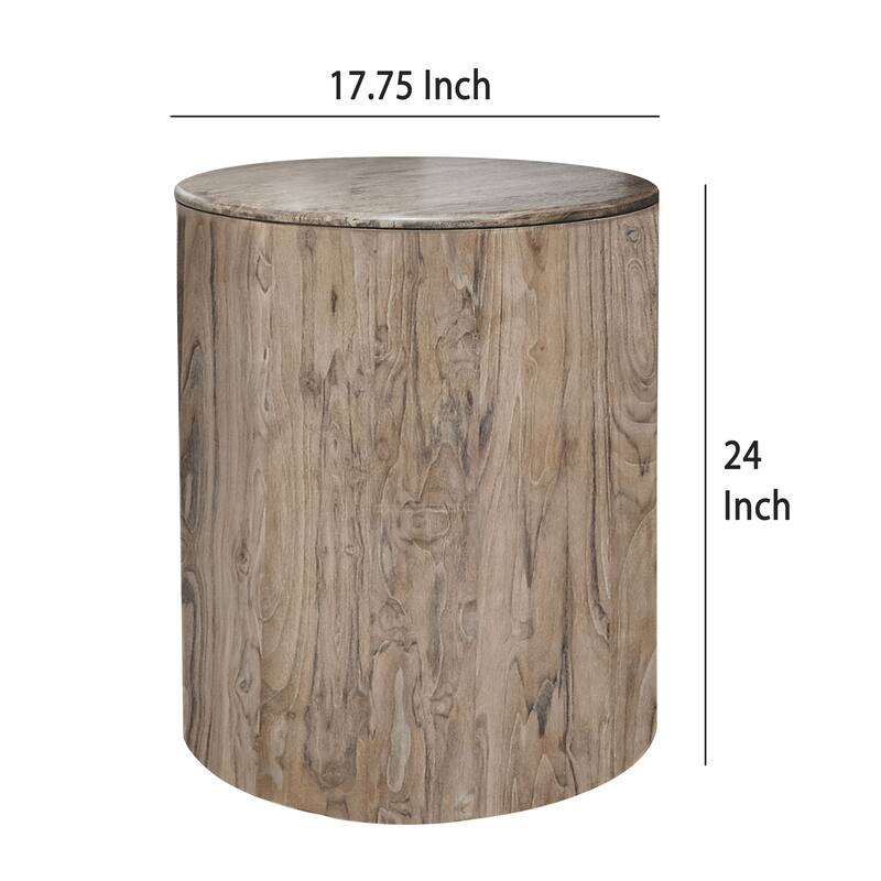 Eray Chairside Table, Drum Shape, Light Brown Teak, Mango Wood, 18 In