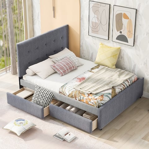 Compact Linen Upholstered Platform Bed with 2 Bottom Drawers and Tufted Upholstered Headboard for Small Dorm Room