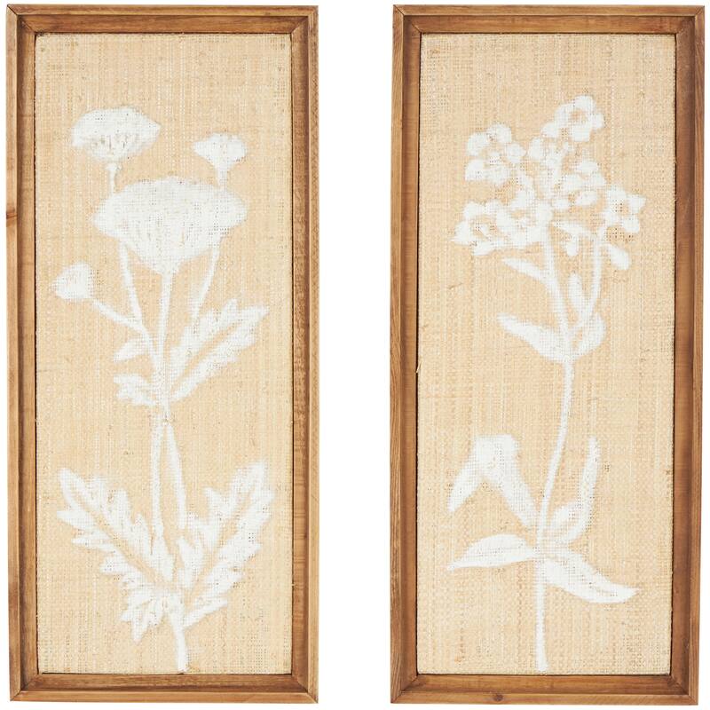 Cream Wood Textured Floral Home Wall Decor with White Painted Accents (Set of 2)