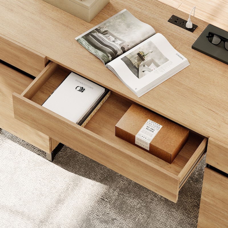 WAMPAT 59" Modern Executive Desk with Drawers & Charging Station, Wood Office Desk for Bedroom, Living Room, Home Office.