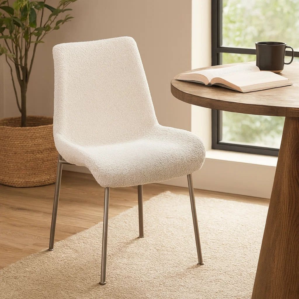 Zame 20 Inch Dining Chair, Soft Boucle Upholstery, Set of 2, Nickel Legs, White