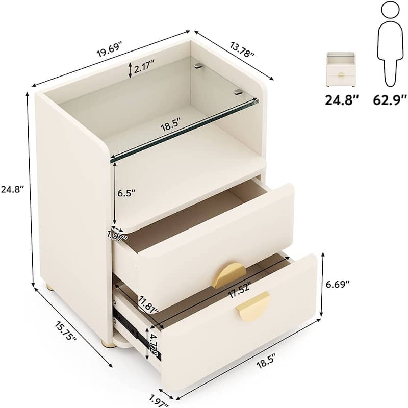 2-Drawer Nightstand, Modern Nightstands with Tempered Glasses