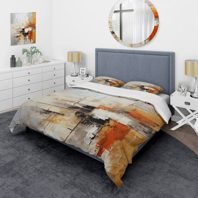 Designart "Orange Black Abstract Fractal Impressions" Orange Modern - Bedding Set With Shams