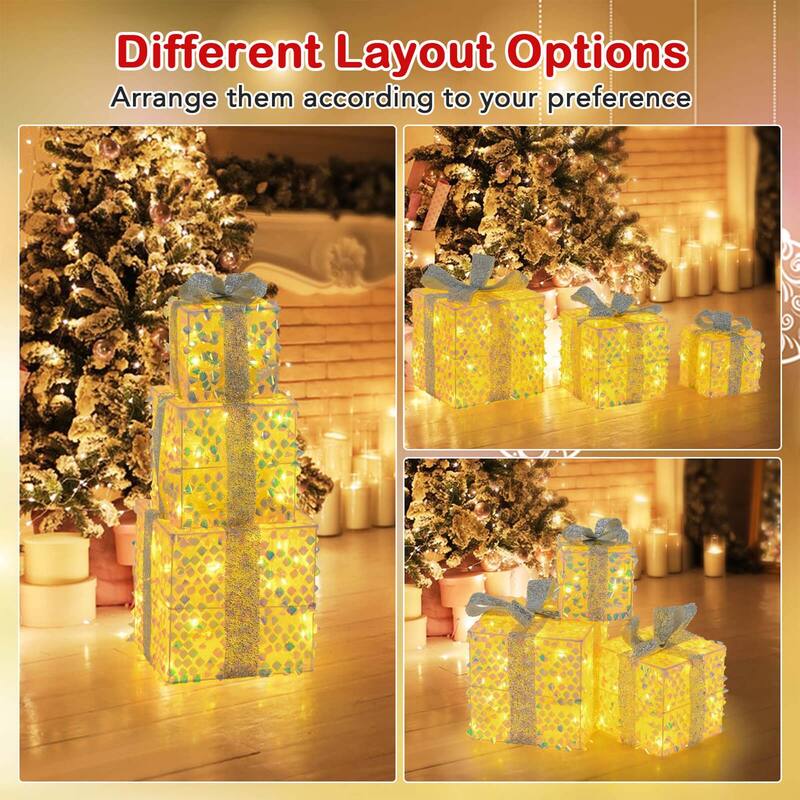 Costway 3 PCS Christmas Lighted Gift Boxes with 90 LED Lights Zip Ties - as pic shows - See Details