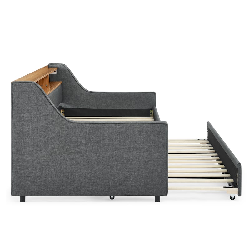 Linen Upholstered Bedframe Twin Daybed with Foldable Leg Pull Out Trundle, LED Lights, Storage Headboard and Wireless Charging