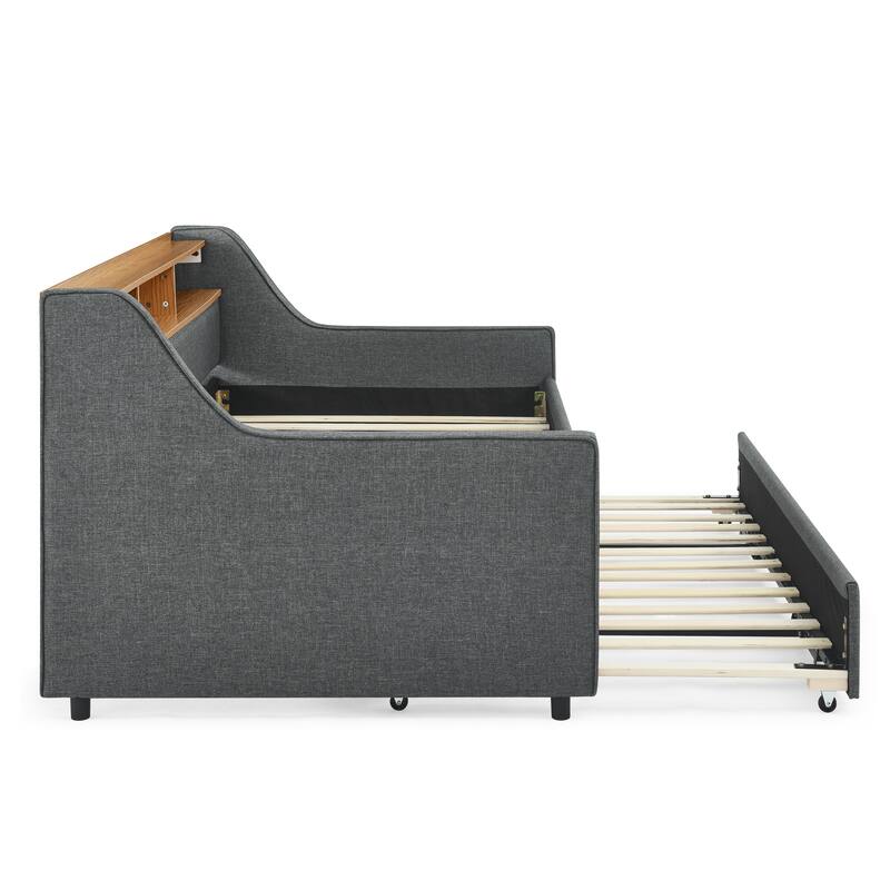 Roomfitters Twin Upholstered Daybed with LED Headboard Storage, Foldable-Leg Trundle & Wireless Charging