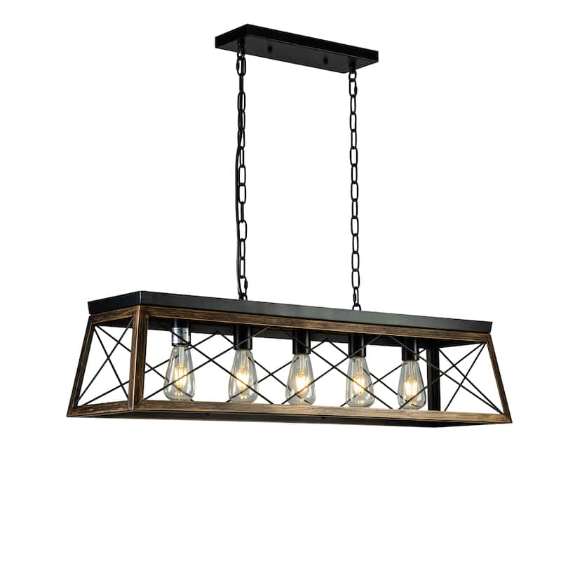 5-Light Square/Rectangle Farmhouse Chandelier For Kitchen Island With Wrought Iron Accents - Antique Brass