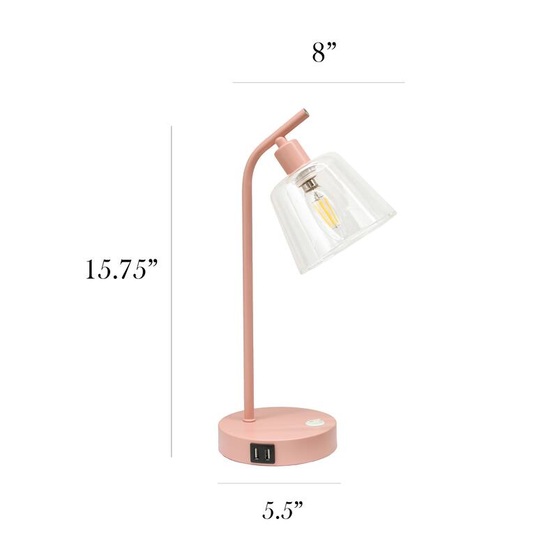 Modern Industrial Desk Lamp with Clear Glass Shade and Dual USB Charging Ports Multiple Colors - 8" (L) x 5.5" (W) x 15.75" (H)