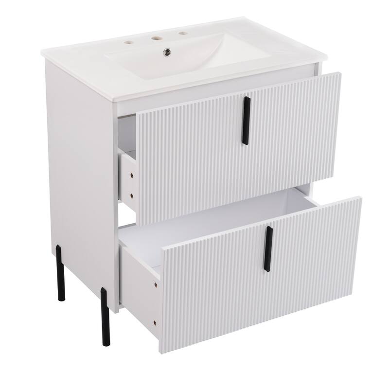 30" Bathroom Vanity with Ceramic Sink and Full-Extension Drawers, Soft Close Undermount Drawer Slides, Fluted Design