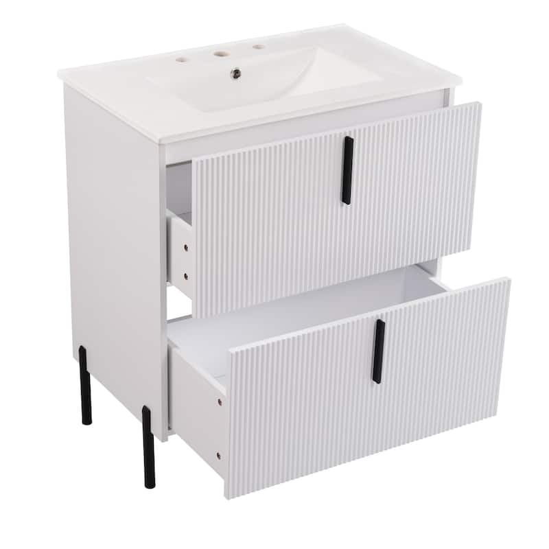 Fluted Bathroom Vanity with Ceramic Sink, Freestanding Bathroom Storage Cabinet, Bathroom Vanities with Full-Extension Drawers