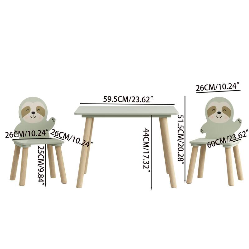 Kids Table and Chair Set with 2 Cute Sloth Chairs, Wooden Toddler Activity Table, Cute Animal Design Play & Study Set