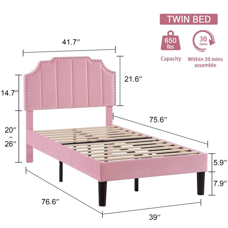 Javlergo Upholstered Platform Bed Frame with Nailhead Trimmed Adjustable Height Headboard, No Box Spring Needed