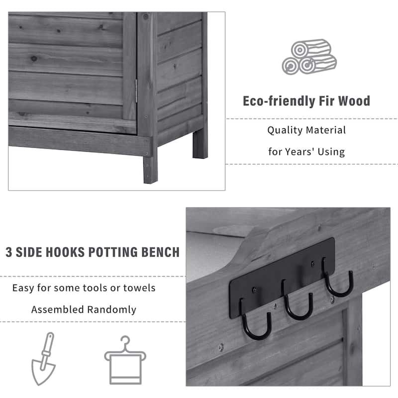 Outdoor Potting Bench Table Wood Workstation Storage Cabinet with Hook