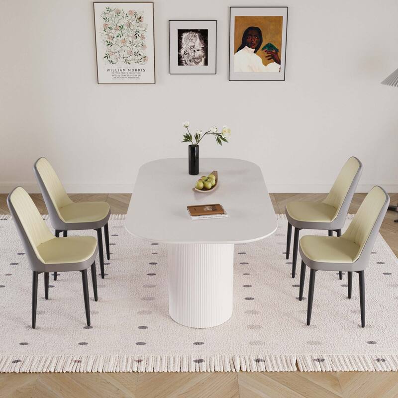 63 "medieval modern cream style MDF dining table and PU dining chair set 4. Assemble Desktop and metal leg dining chair set