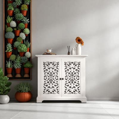 Antique Sideboard Buffet Cabinet with 2 Carving Doors, Vintage Accent Storage Console for Kitchen & Hallway