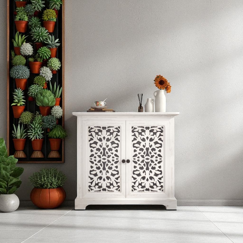 Antique Sideboard Buffet Cabinet with 2 Carving Doors, Vintage Accent Storage Console for Kitchen & Hallway