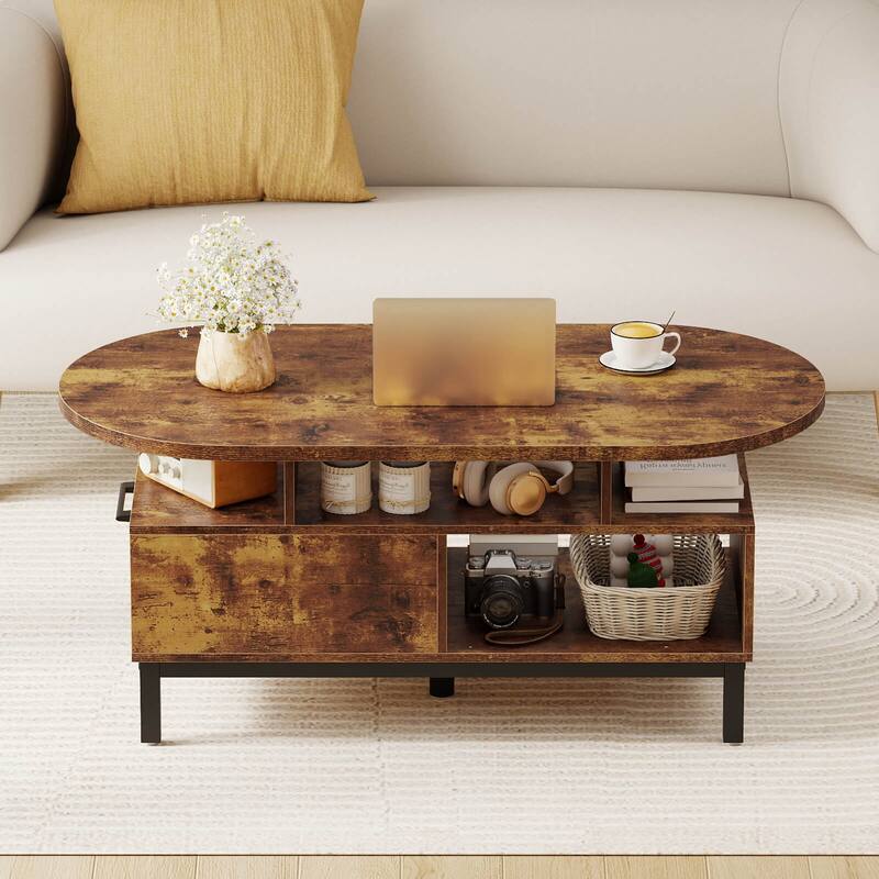 Costway 47” Oval Top Coffee Table with 4 Open Compartments & Drawer, 5 - See Details