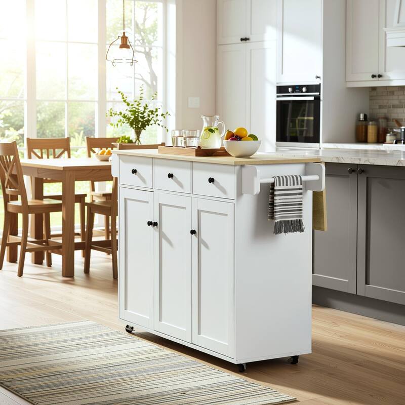 Homy Casa Oak White Kitchen Cabinet with Casters, 3 Drawers & 3 Doors - Oak