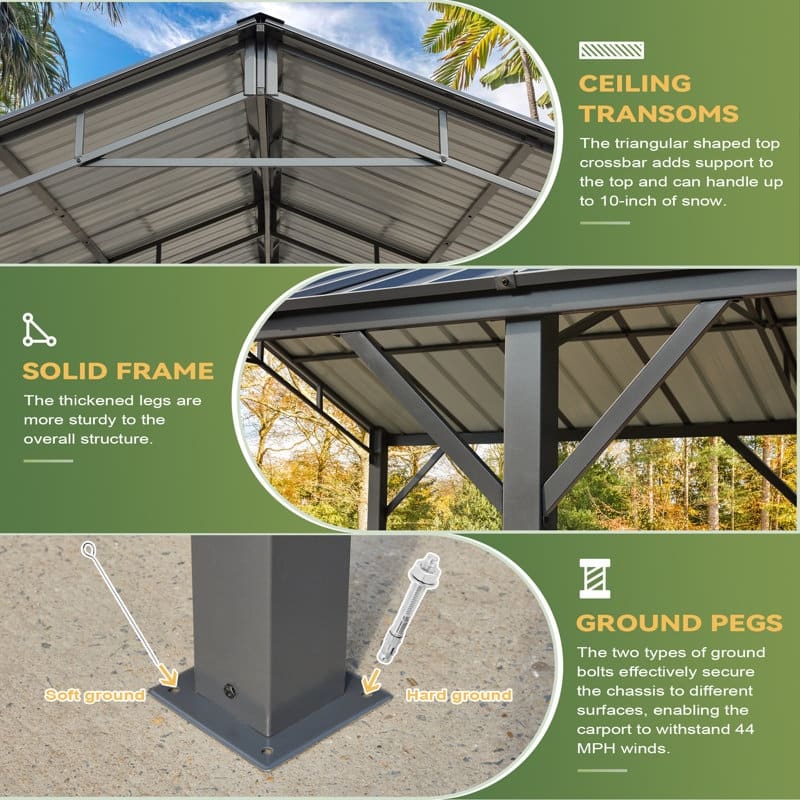 Erommy Outdoor Carport with Galvanized Steel Roof, Heavy-Duty All-Weather Shelter for Cars, Boats and Equipment