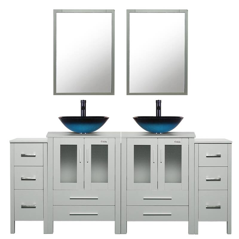 72" Bathroom Vanity Set Vessel Sink Cabinet Mirror Combo - Grey - ocean blue square sink