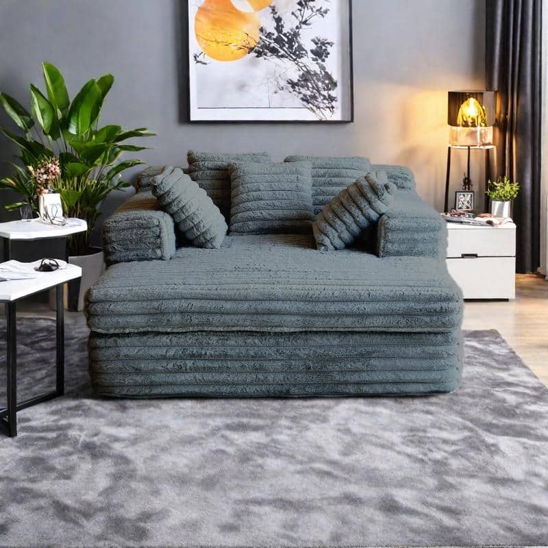 Corduroy Chaise Lounge with Convertible Sofa Bed Design & 2 Throw Pillows - Plush Armchair - Grey