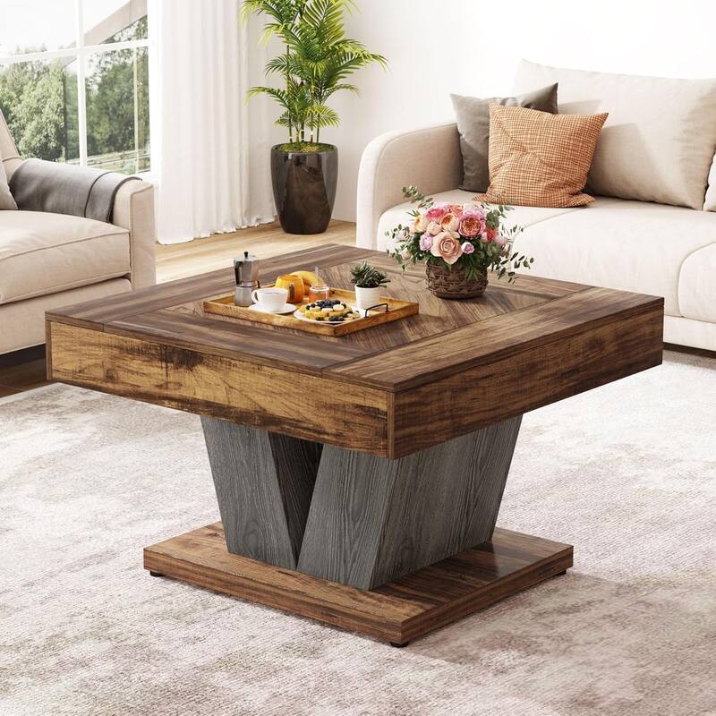 31.5 Inches Wood Coffee Table Square Center Cocktail Tea Table - Brown & Black