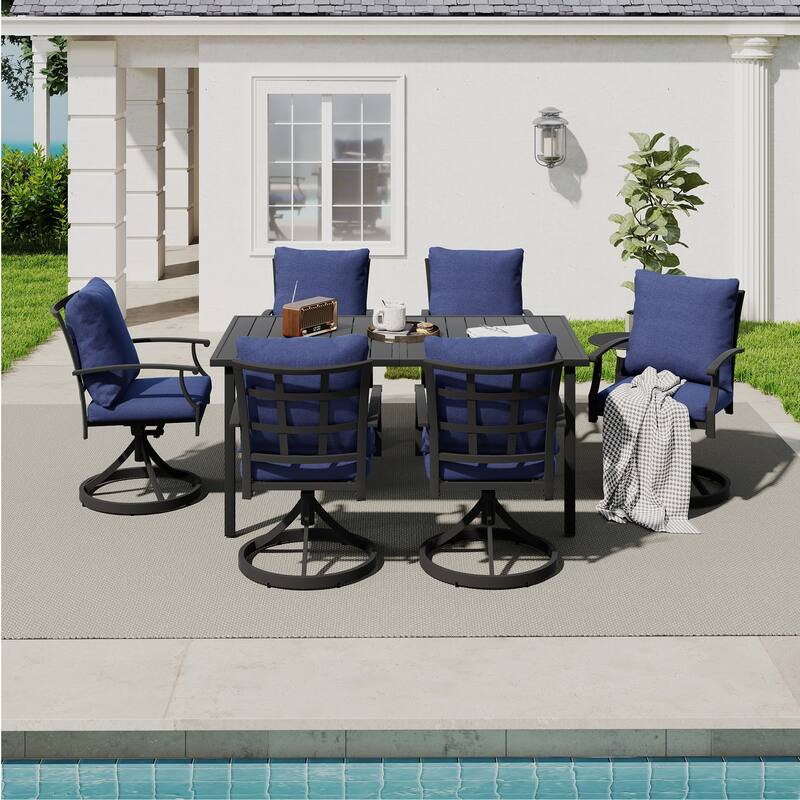 IvyGlow 7-Piece Black Metal Patio Dining Set with Rectangular Table, 6 Swivel Dining Chairs and Gray Cushions