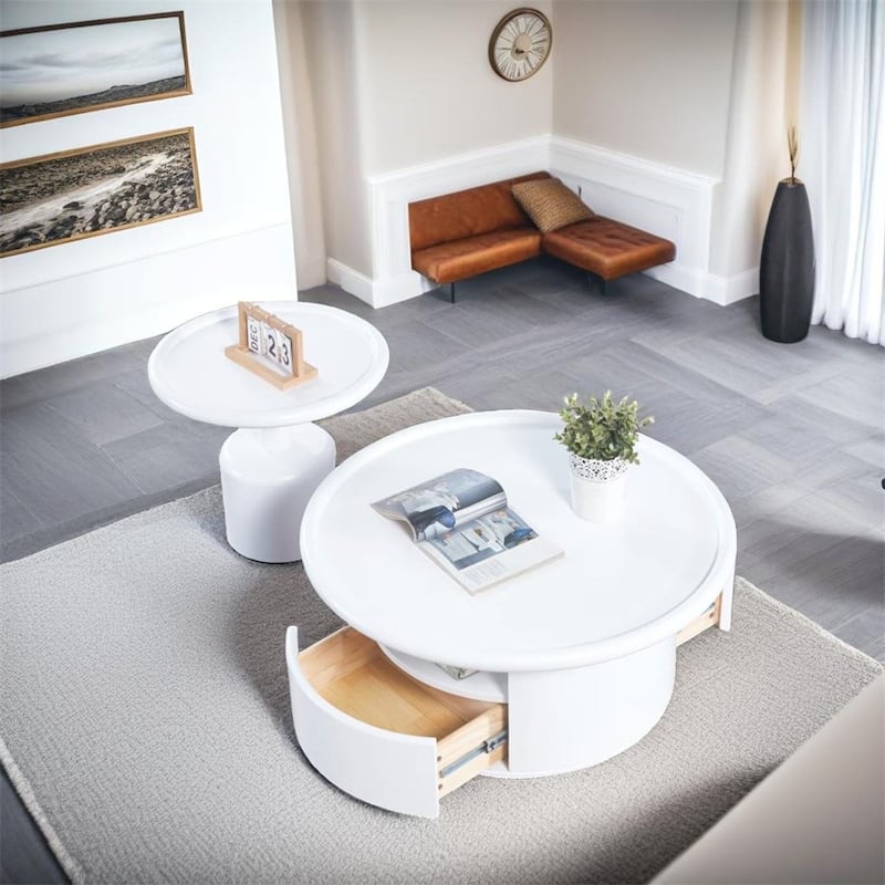 2 Pieces White MDF Round Coffee Table Set for Living Room,Bedroom