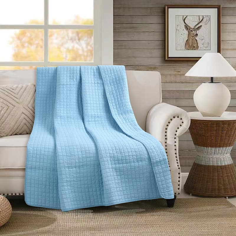 Cotton Quilt Quilted Throw Decorative Throw Blanket 50 By 60 Inches - Light Sky Blue
