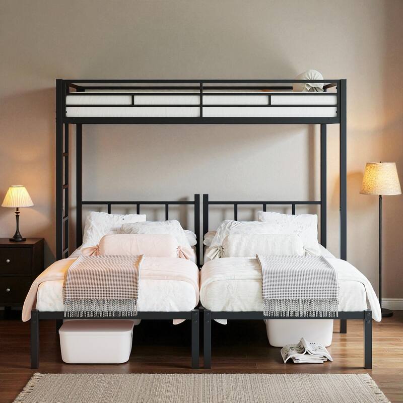 Metal Twin Over Twin Over Twin Triple Bunk Bed with Safety Guardrails, Ladder, Convertible 3 Beds, Heavy-Duty Frame