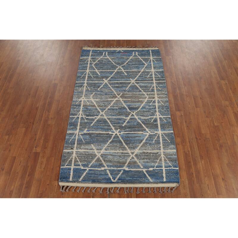Striped Blue Moroccan Oriental Area Rug Handmade Wool Carpet - 3'10"x 6'9"