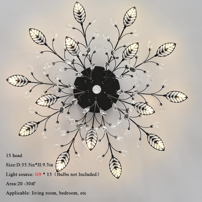15-lights modern ceiling light black chandeliers light crystal+metal leaf ceiling light