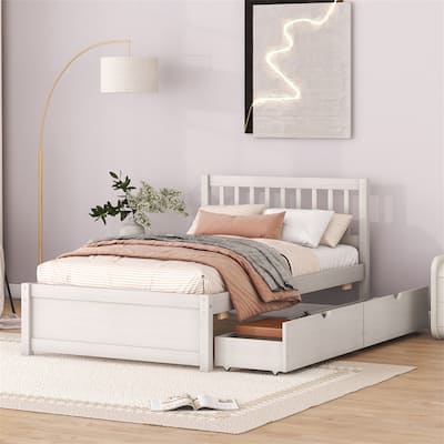 Modern Wooden Twin Size Platform Bed Frame with 2 Drawers, Slats