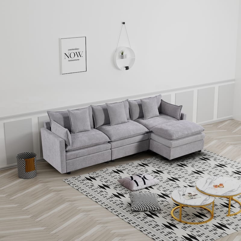 108.66"Chenille L-shaped Sectional Sofa with Convertible Chaise,Comfy Cloud Couch Deep Sectional Sofa with Ottomans - Light Gray