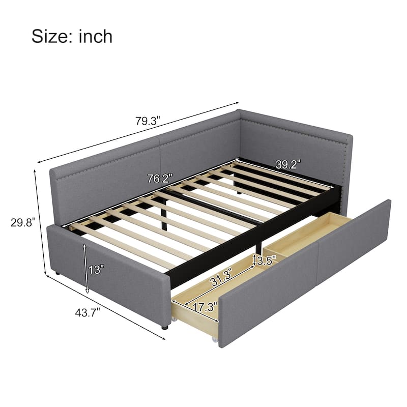 Modern Style Twin Size L-Shaped Corner Bed Frame, Linen Upholstered Daybed with Storage Drawers & Nailhead Trim