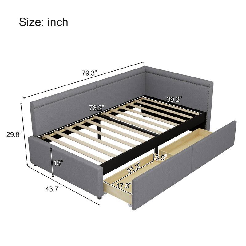 Twin Size Corner Daybed Linen Upholstered Bed Frame with Nailhead Trim, L Shape Sofa Bed with 2 Drawers Storage Bed
