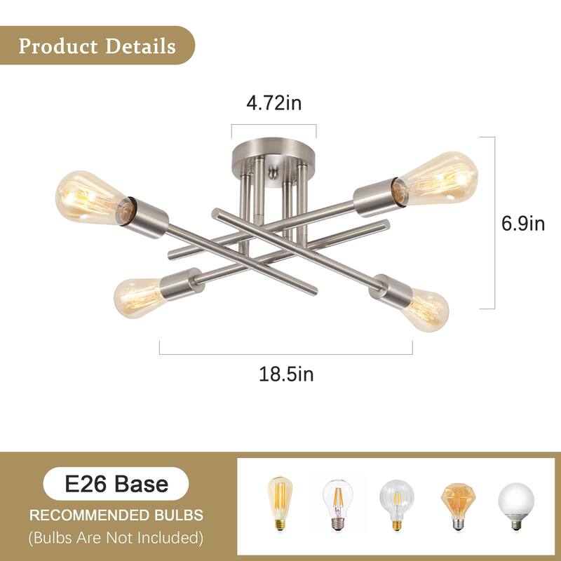 4-Light Modern Semi-Flush Mount Light for Bedroom Study Living Room