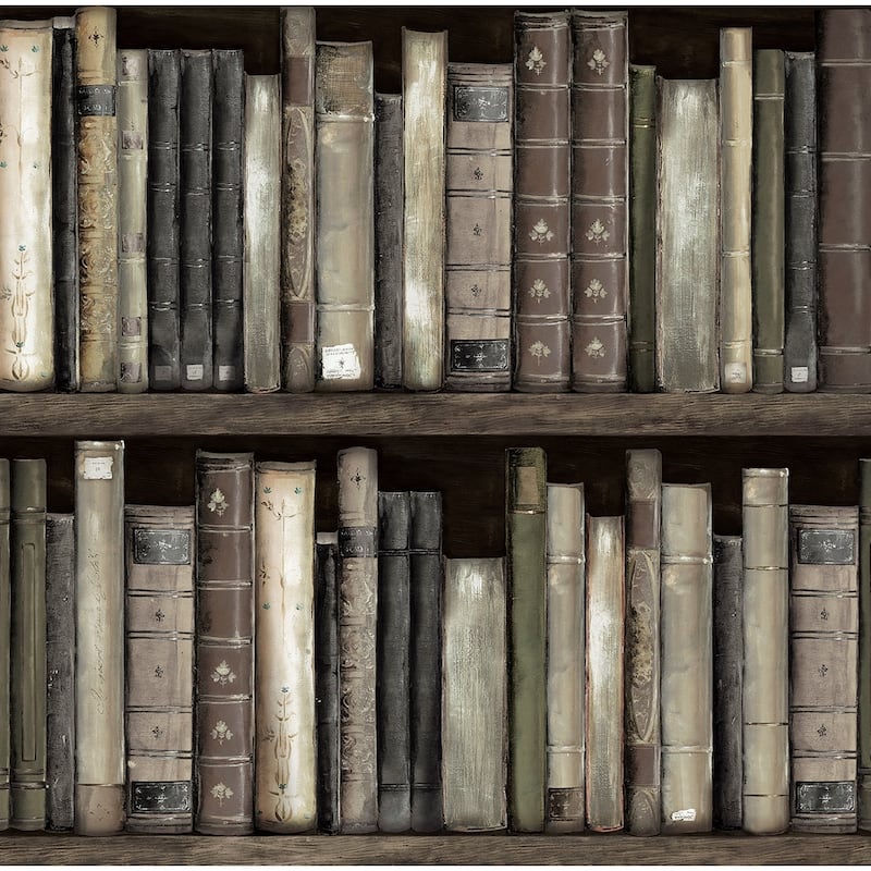 Harry & Grace Faux Bookshelves Peel and Stick Wallpaper - 20.5 in W x 18 ft. L - Shale