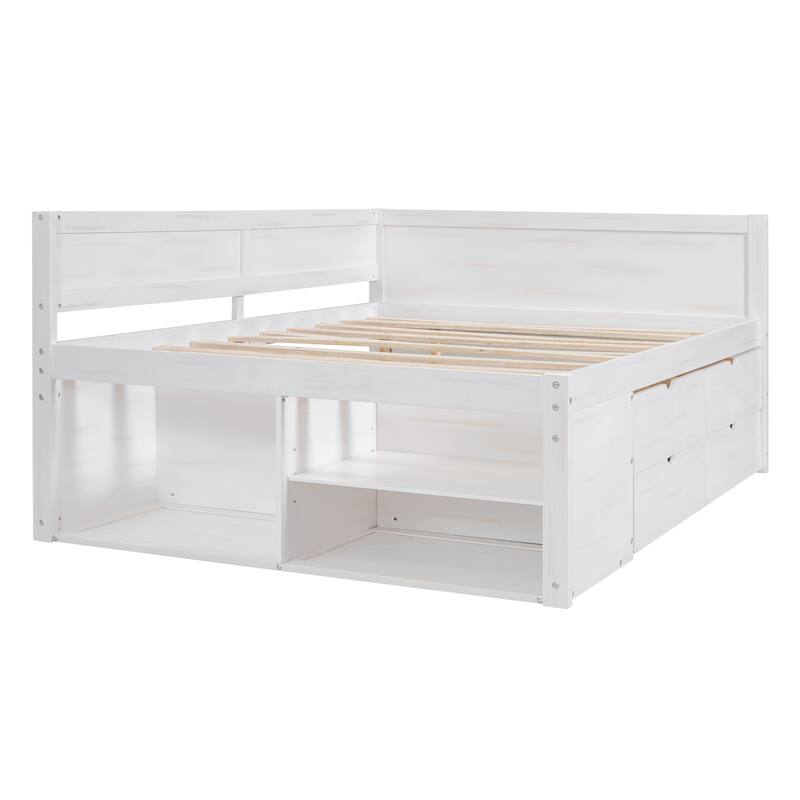 Full Size Pine Wood Daybed Frame with 4 Storage Drawers & Shelves