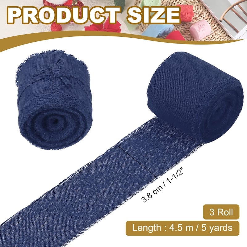 1-1/2"x15 Yd Handmade Fringe Cotton Ribbon Frayed Ribbons 3 Roll - 5Yd - Iron Blue