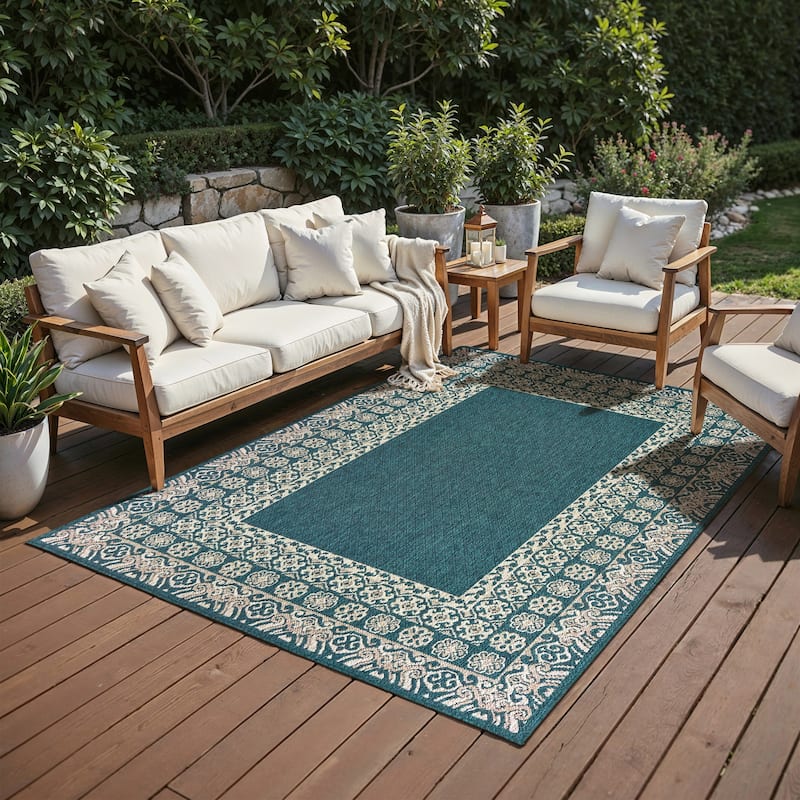 Vista Home Higgins Bordered Deep Blue-Green Grey Indoor/ Outdoor Rug - 6' 7" x 9' 2" - Rectangle