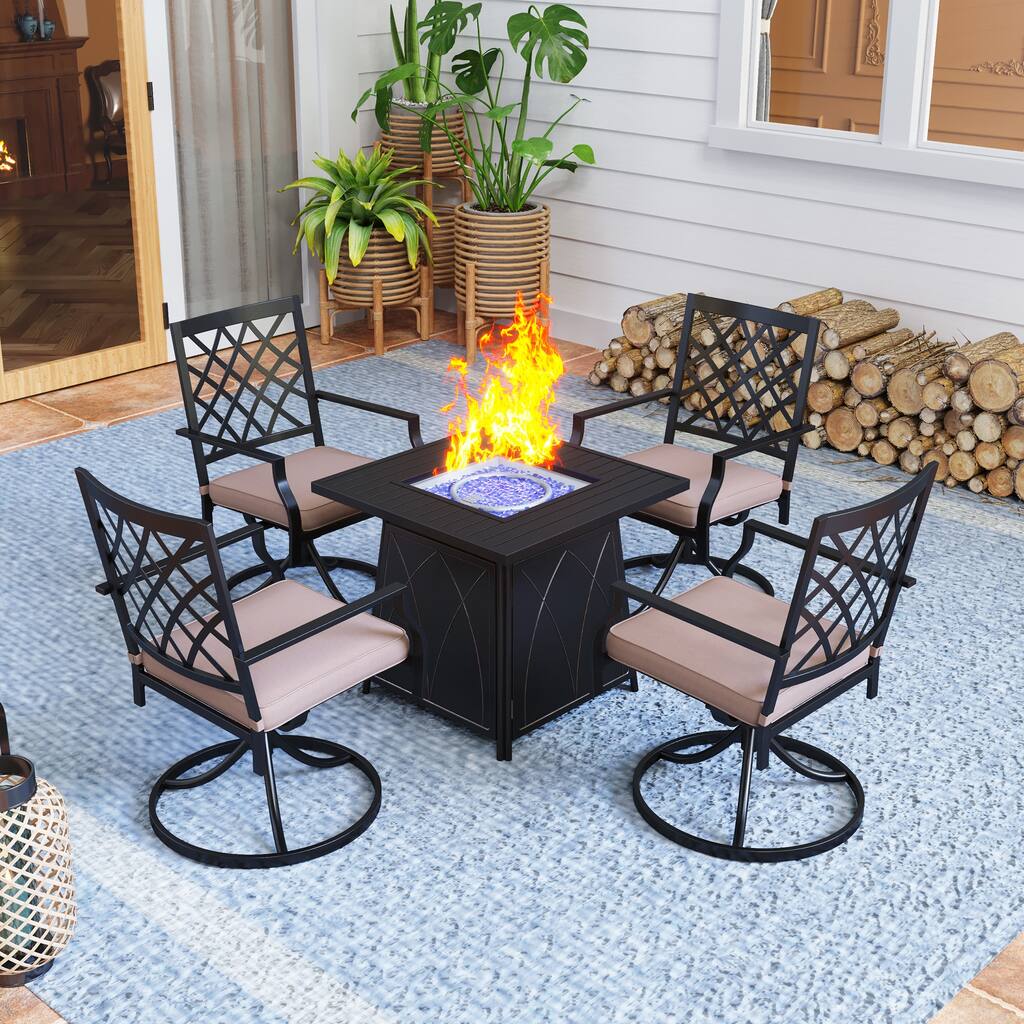 MAISON ARTS 5 Piece Patio Furniture Propane Fire Pit Set, 4 Swivel Armrest Chairs and Square Fire Table