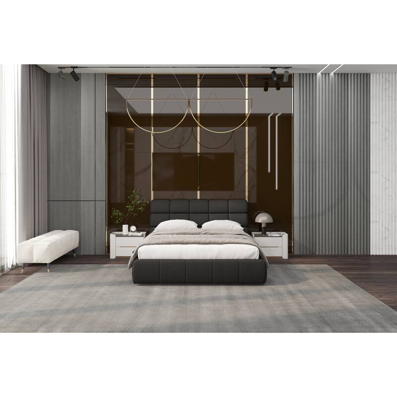 Queen Upholstered Bed - Dark Grey Padded Headboard & Base - Modern Bedroom Furniture