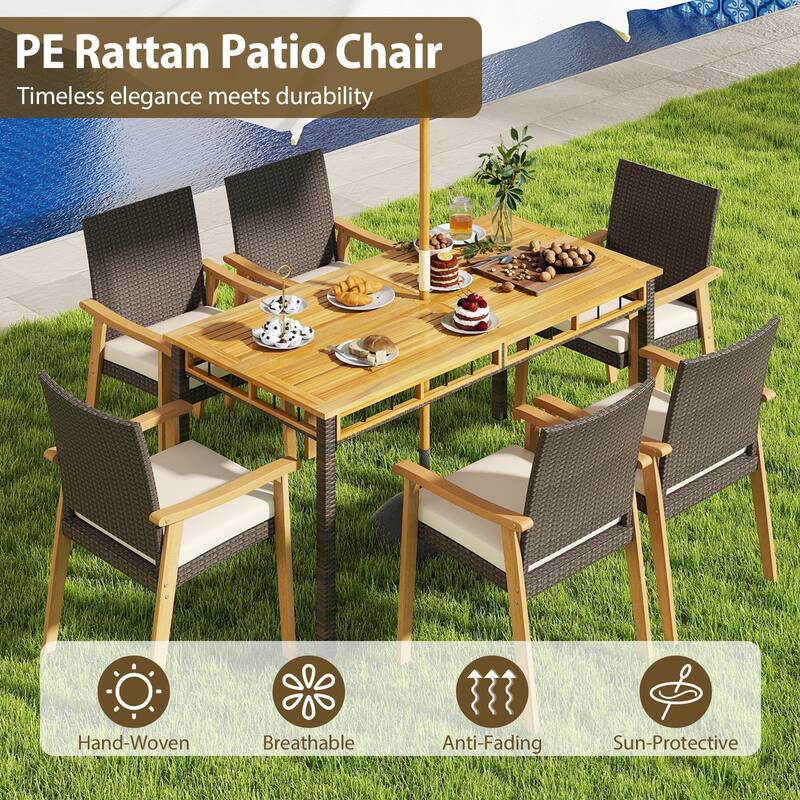 Gymax Patio Dining Chair 4 PCS w/Cushion Wood Armrests Metal Frame for
