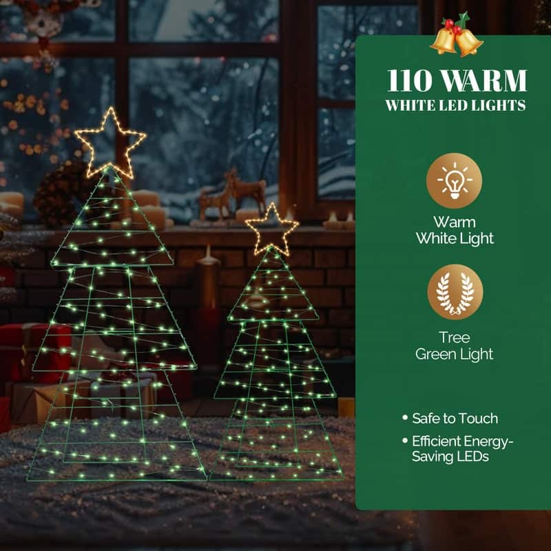 Set of 2 Lighted Metal Christmas Tree Yard Decorations - Green