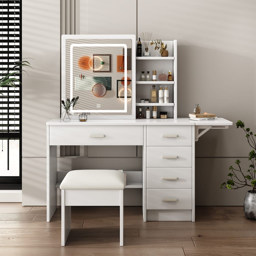 Fashion Vanity Desk with Mirror and Lights for Makeup with open shelves and Chair, Vanity Mirror with Lights and Table Set