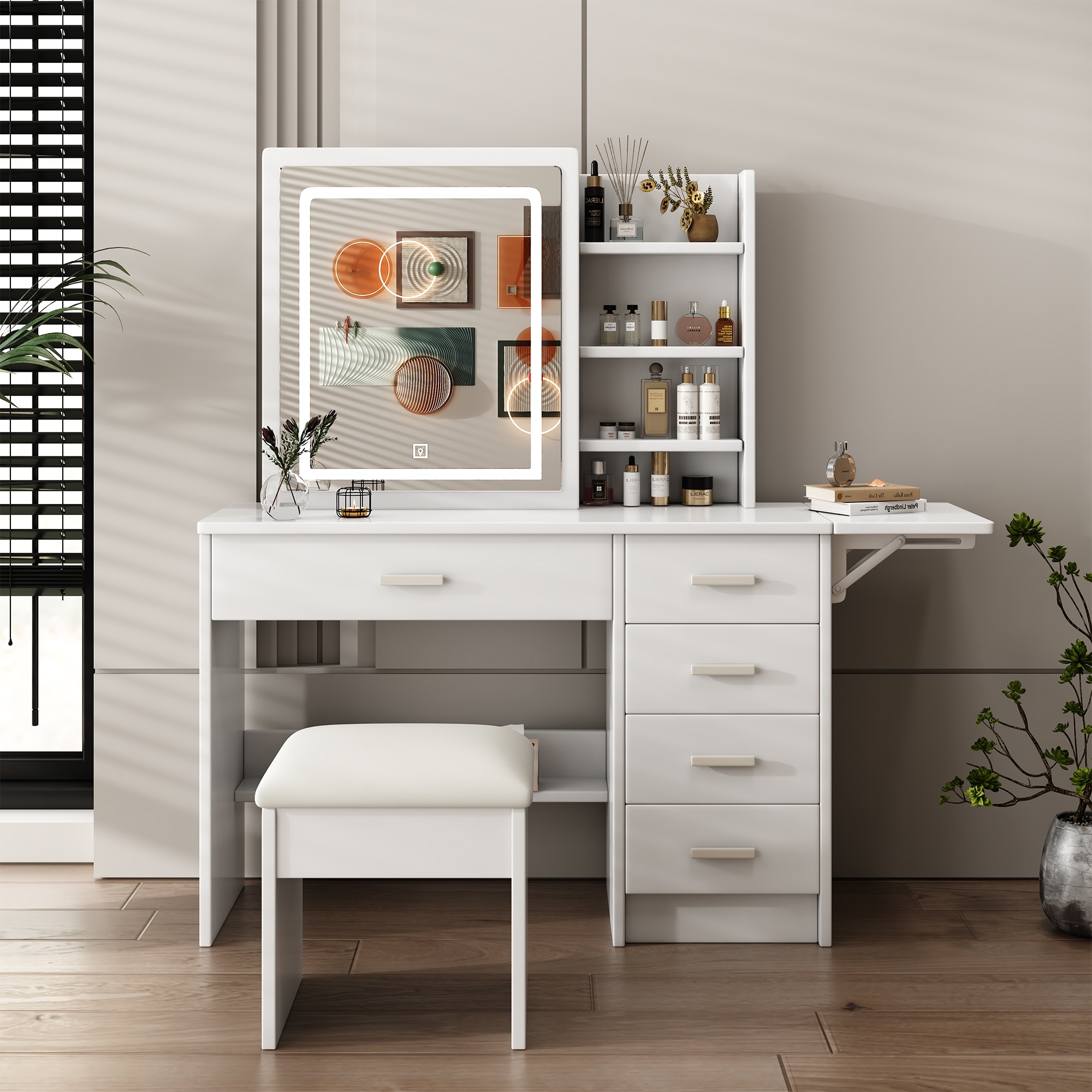 Vanity Desk with Mirror and Lights, Dressing Table Set with Drawers and Open Shelves, Makeup Table with 3 Lighting Modes